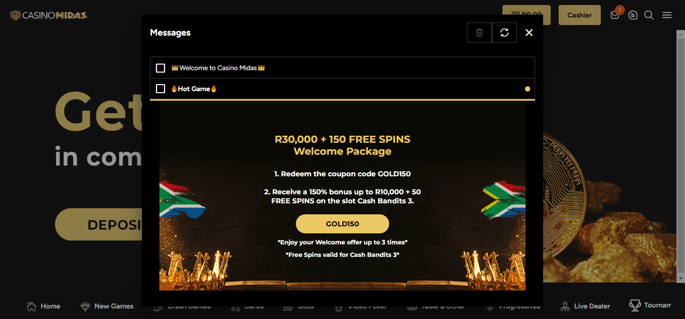 Casino Midas Welcome Bonus for South African Players (Screenshot)