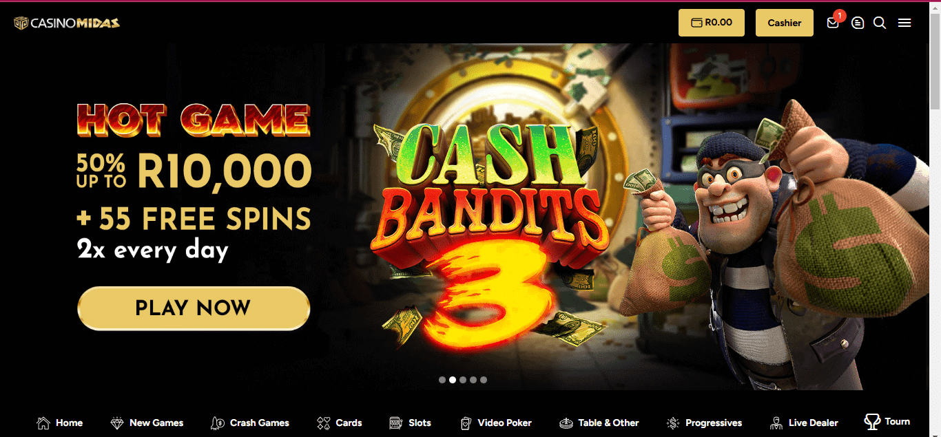 Casino Midas 150% Deposit Match and Free Spins on Cash Bandits Slot Promo for South African Players (Screenshot)