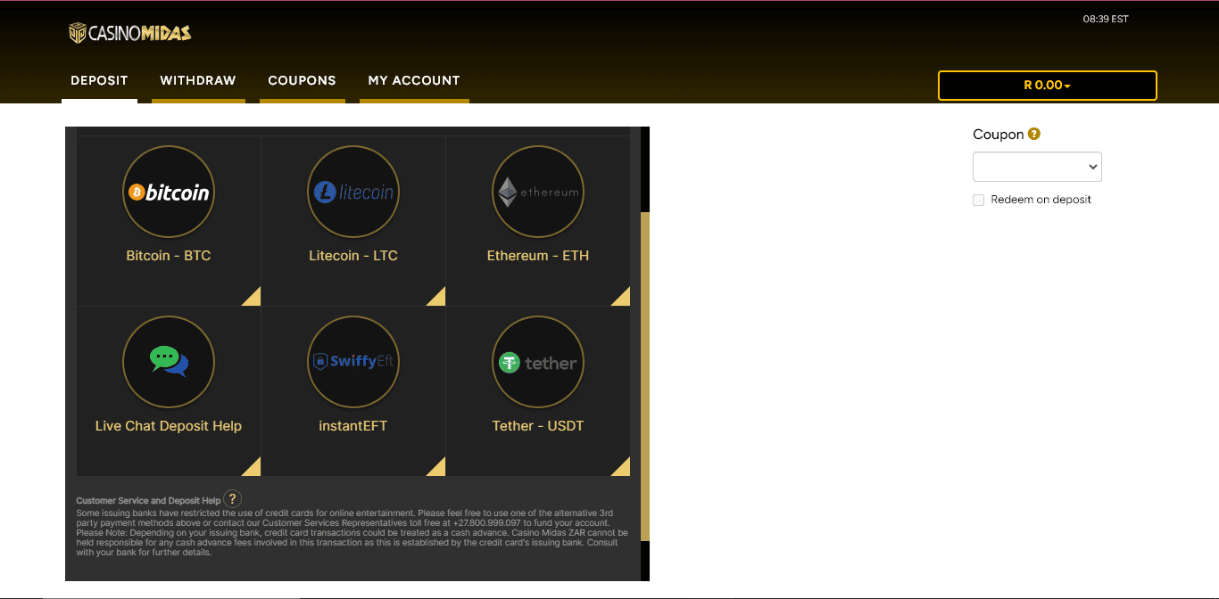 Casino Midas Cashier / Deposit Options for South African Players (Screenshot)
