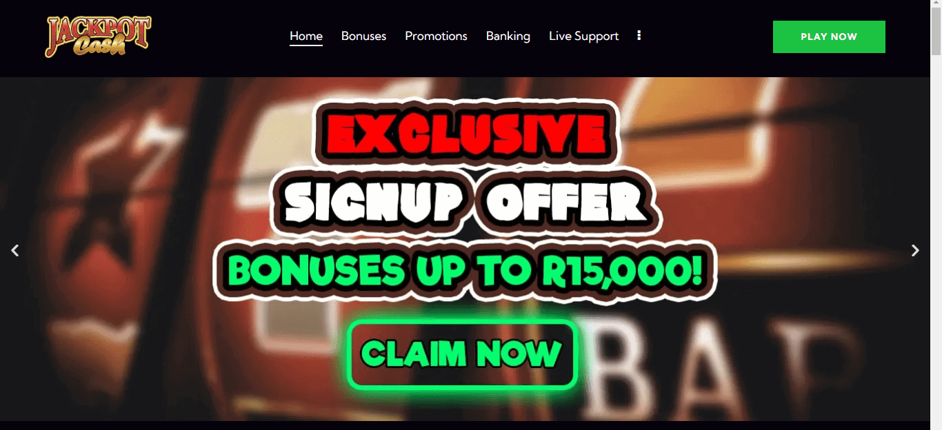 Jackpot Cash Casino Exclusive Signup Offer R15,000 deposit bonus promotion Screenshot