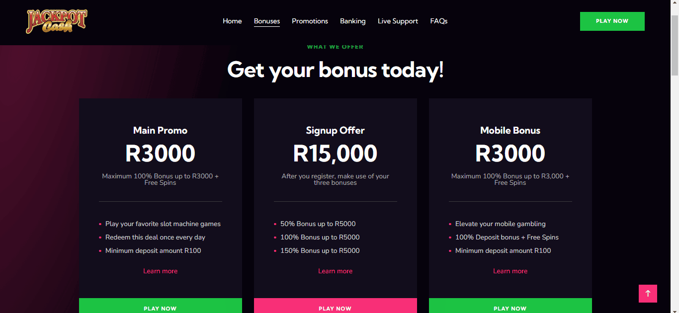 Jackpot Cash Casino Bonuses Landing Page Screenshot