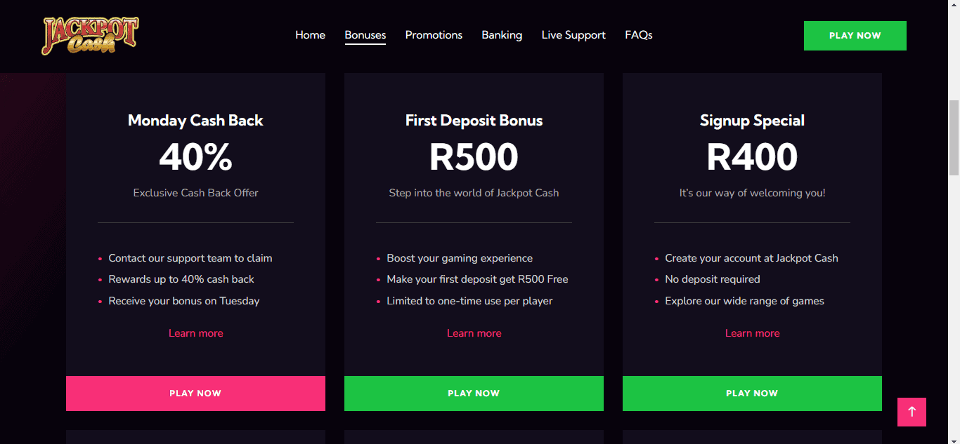 Jackpot Cash Casino Bonuses Landing Page Screenshot