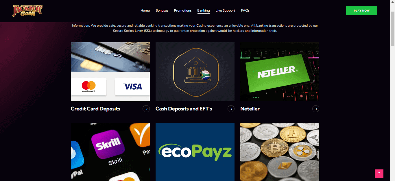 Jackpot Cash Casino Banking Options Page Screenshot