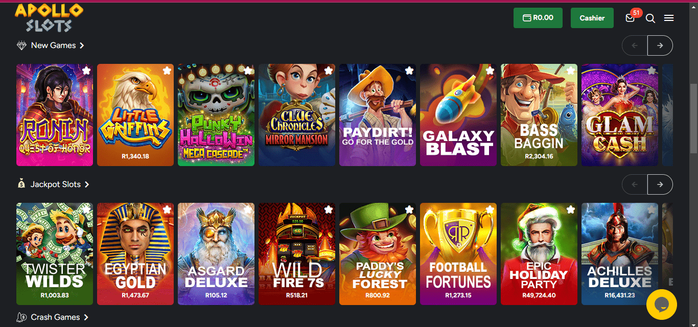 Apollo Slots Games lobby page screenshot