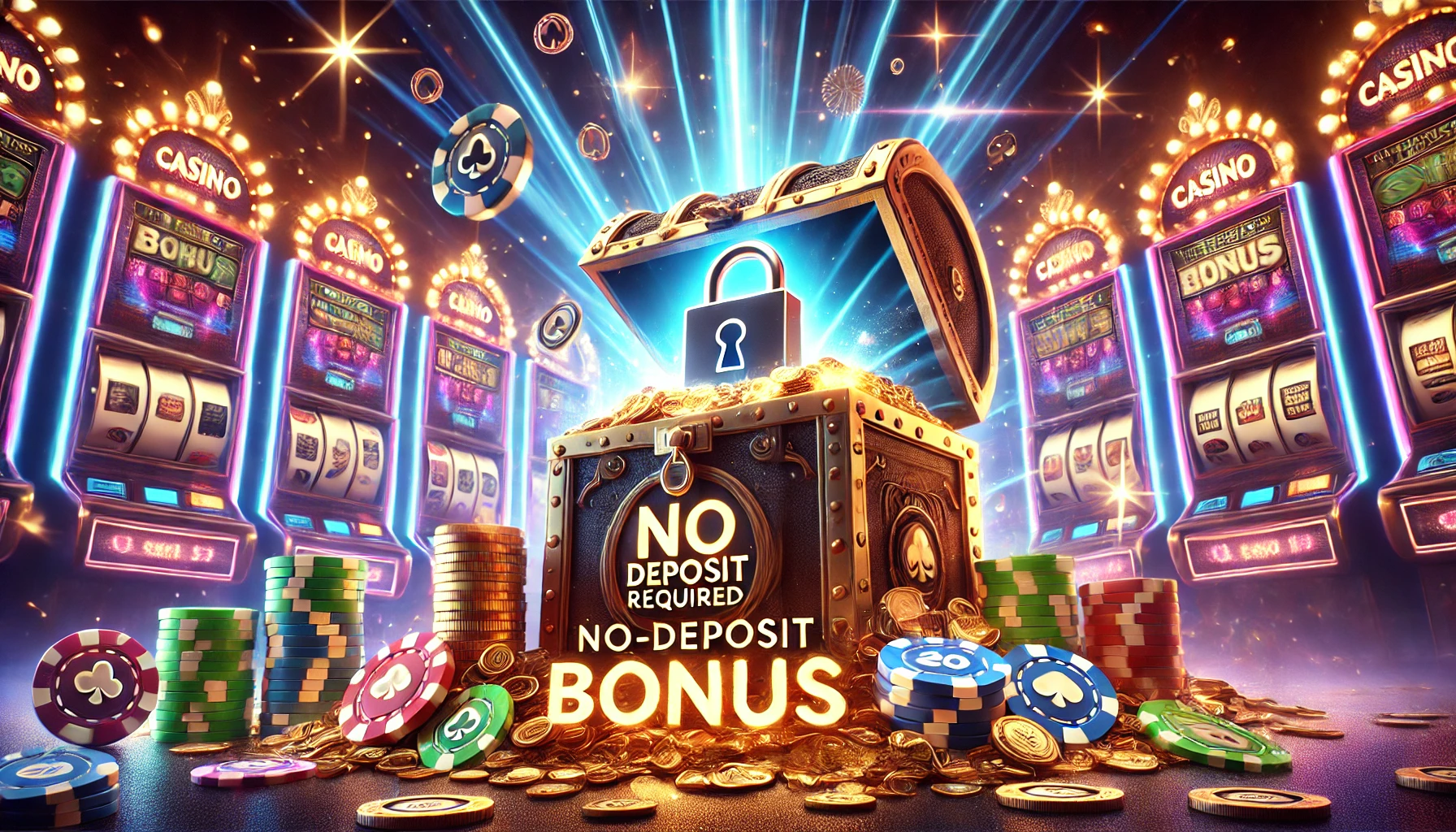 A striking digital illustration depicting the concept of a no-deposit bonus for online casinos. The scene features a glowing treasure chest surrounded by slot machines and the words "No-Deposit Bonus, No Deposit Required"