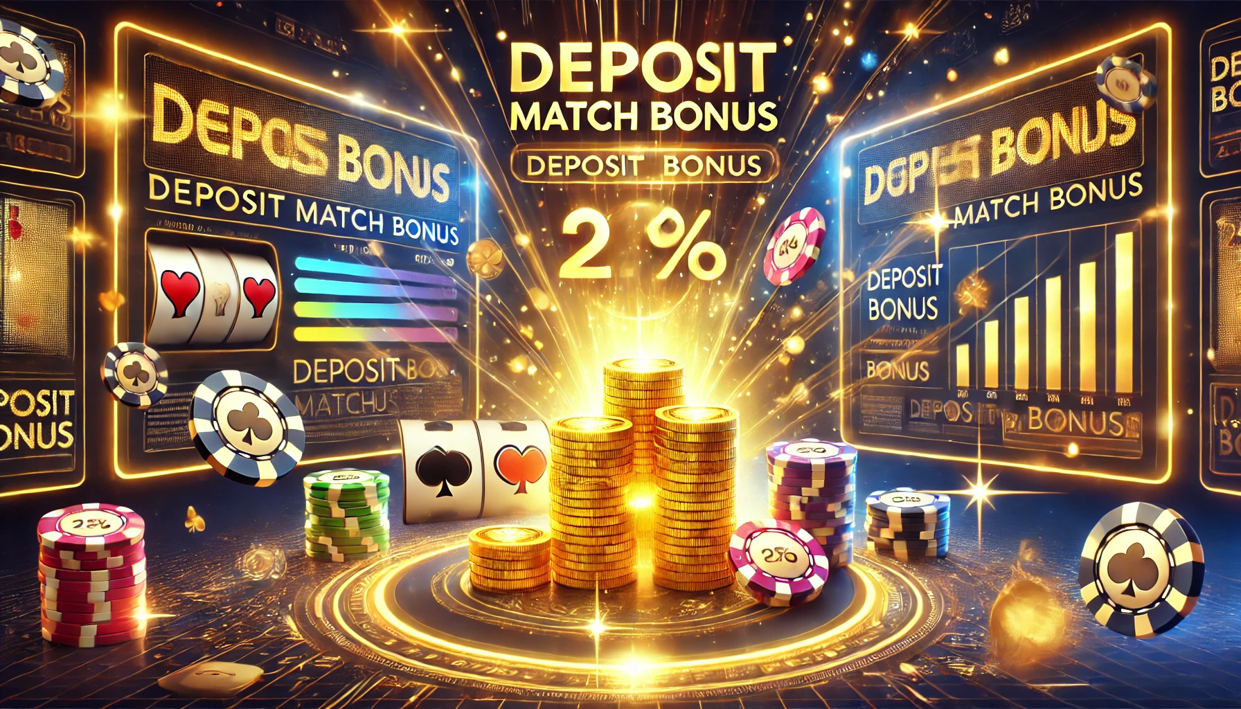 A vibrant digital illustration showcasing the concept of a deposit match bonus for online casinos. The scene features a golden stack of coins and the words "Deposit Match Bonus"