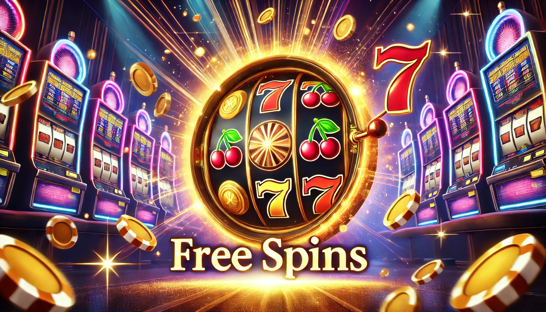 A dynamic digital illustration capturing the concept of a Free Spins Bonus in online casinos. The scene features a spinning slot machine reel with symbols