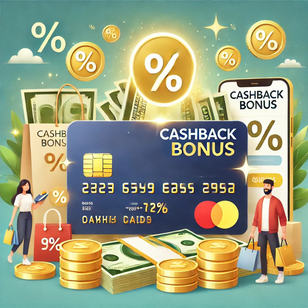An illustration showing the concept of a cashback bonus. The image features a modern credit card with golden accents, surrounded by cash bills, coins, and the words "Cashback Bonus"