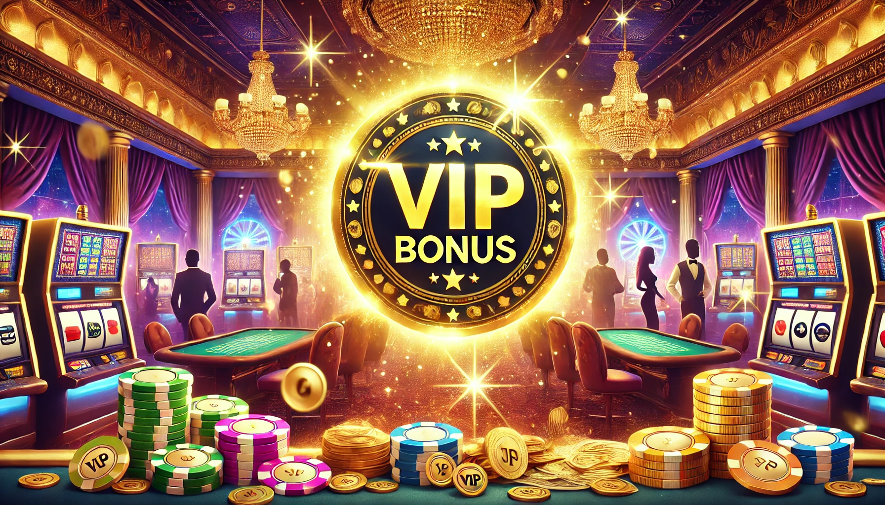 A wide, vibrant landscape image demonstrating the concept of a casino Loyalty and VIP Bonus. The scene features a luxurious casino interior with glowing lights and the words "VIP BONUS" written in gold