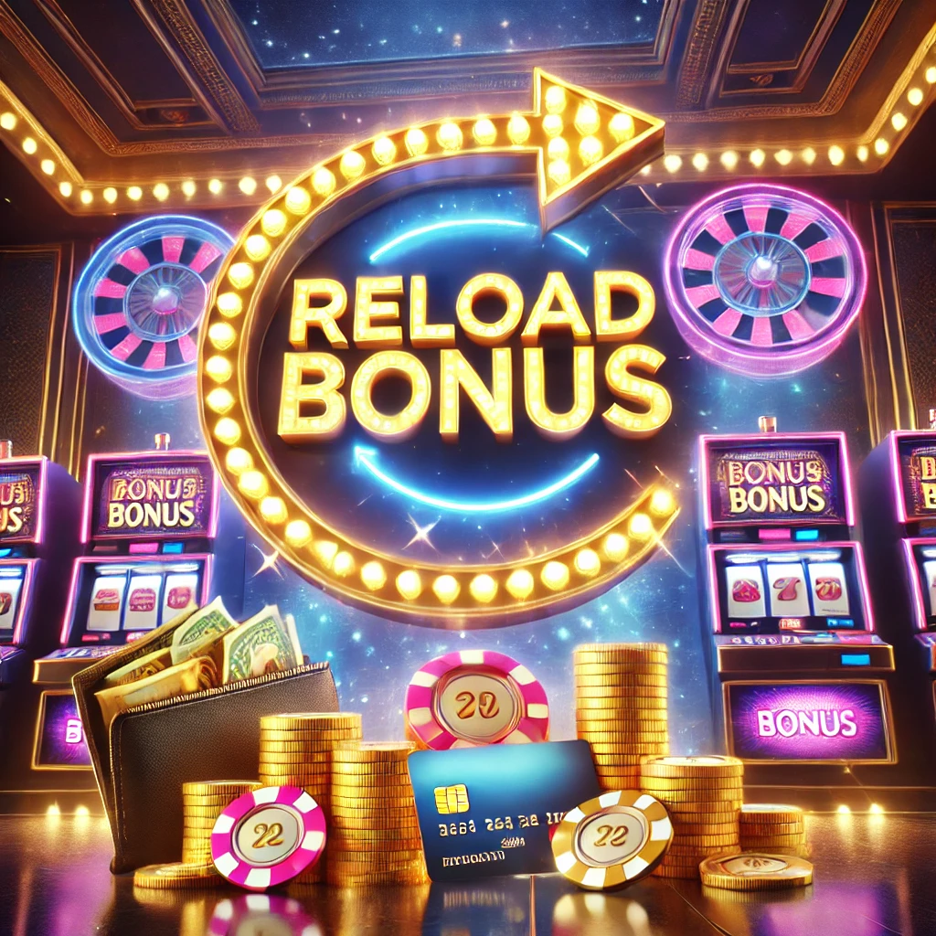 An image demonstrating the concept of a casino reload bonus. The scene features a glamorous casino environment with glowing slot machines, golden coins and the words "Reload Bonus"