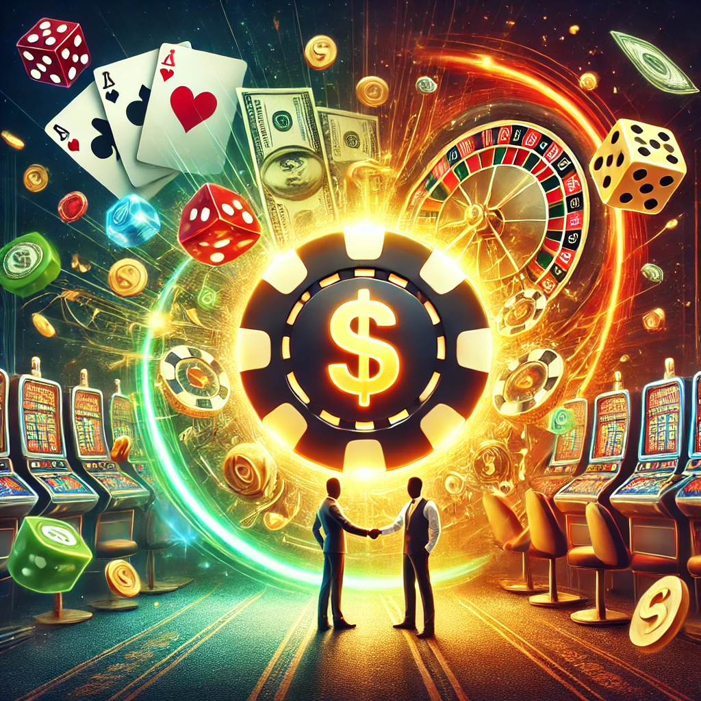 A visually dynamic and engaging image illustrating the concept of a casino referral bonus. The scene features a glowing casino chip in the centre, with two men shaking hands and the term "Referral Bonus" above them