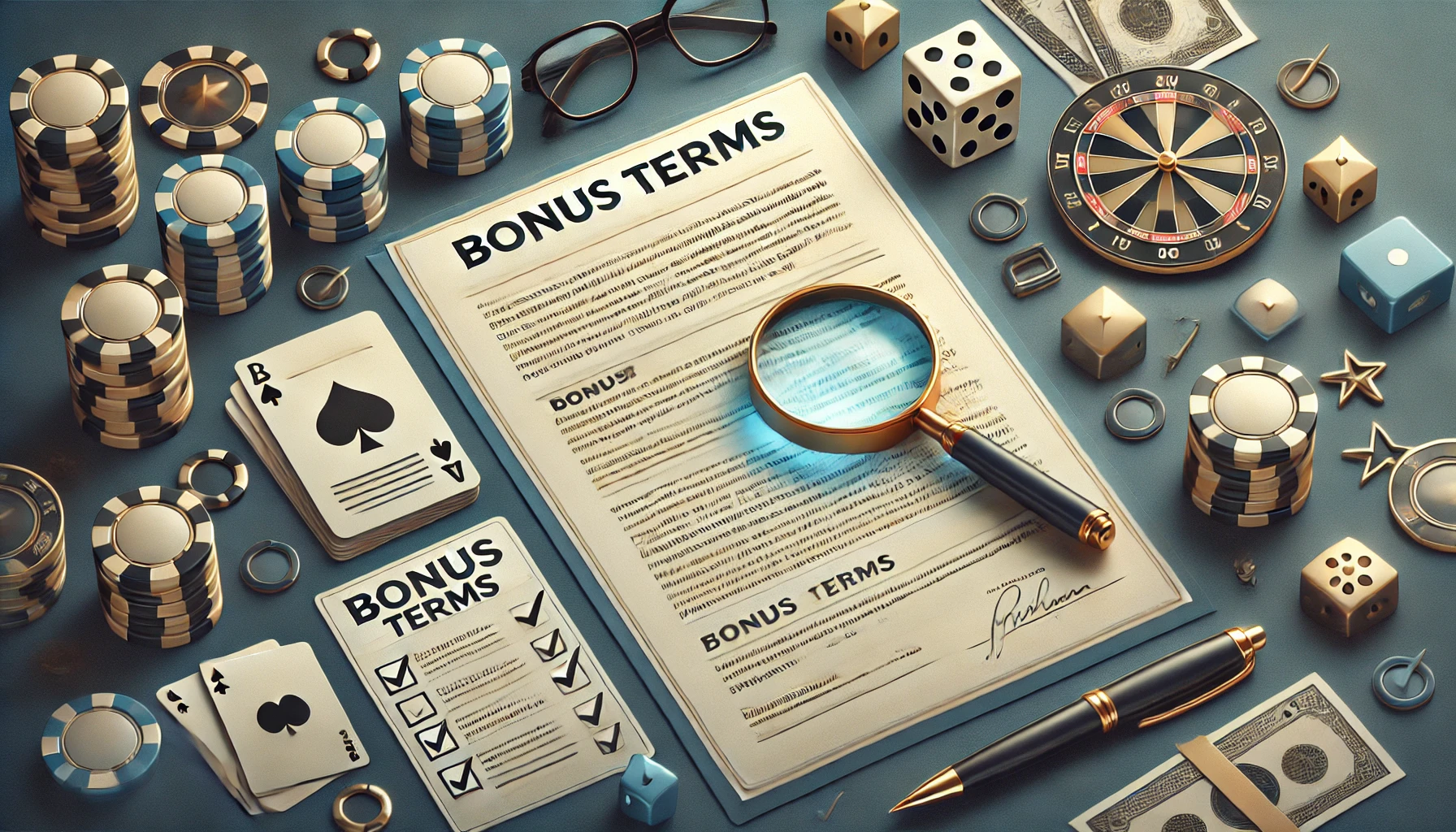 A landscape-oriented, visually professional image on 'Bonus Terms.' The scene includes an open document or contract on a desk, with a magnifying glass laying on a form titled Bonus Terms. There are numerous casino related items surrounding the document