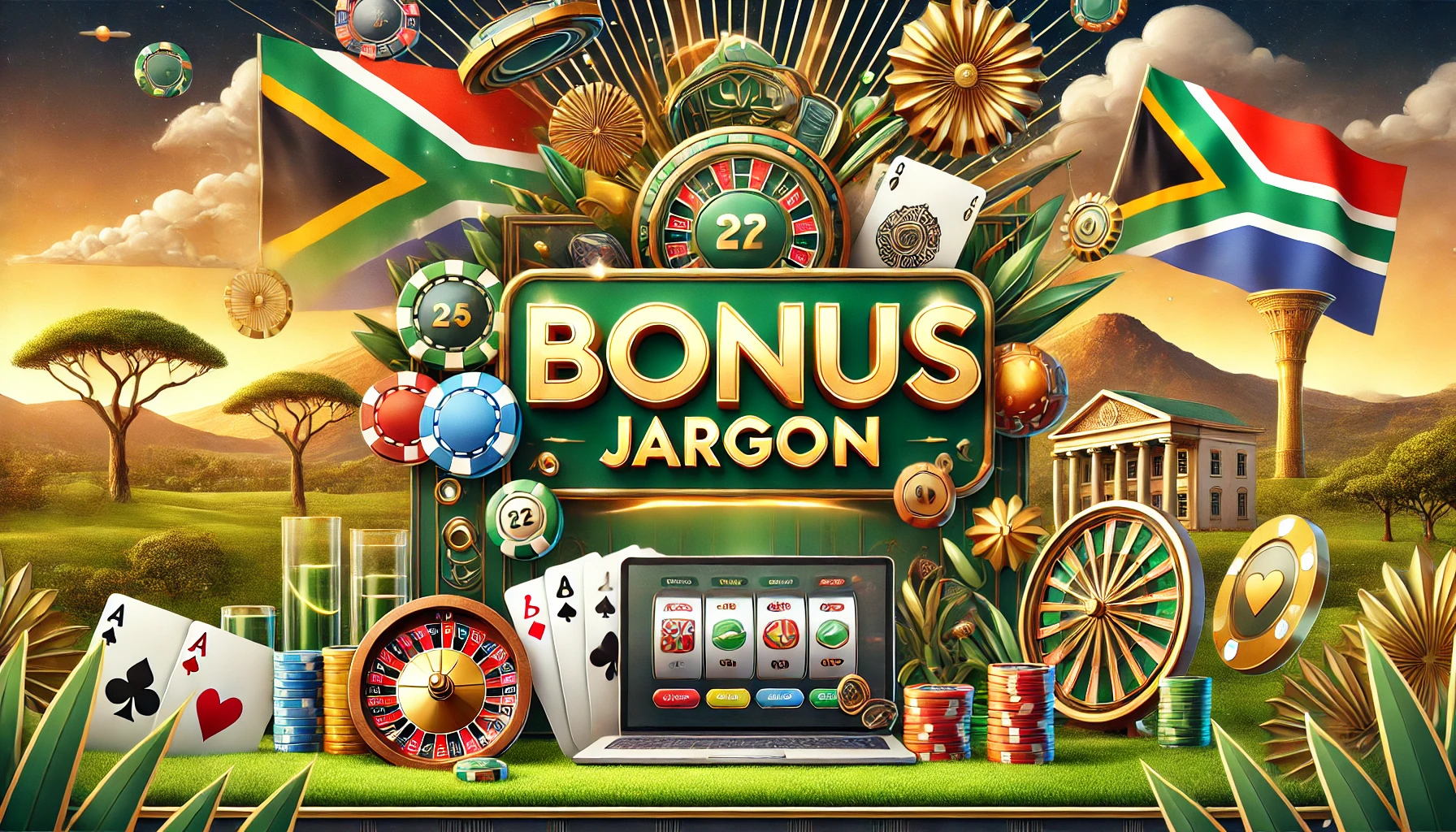 A vibrant, illustration themed around South African online casinos, featuring elements like poker chips, playing cards, a roulette table and a laptop with online slots, with a large green and gold sign "Bonus Jargon"