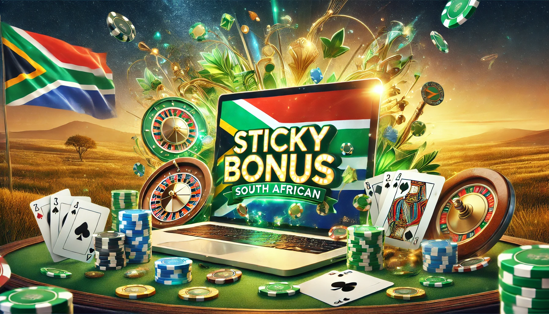 A vibrant illustration themed around South African online casinos, featuring elements like poker chips, playing cards, a roulette board and a laptop displaying the words "Sticky Bonuses South African"