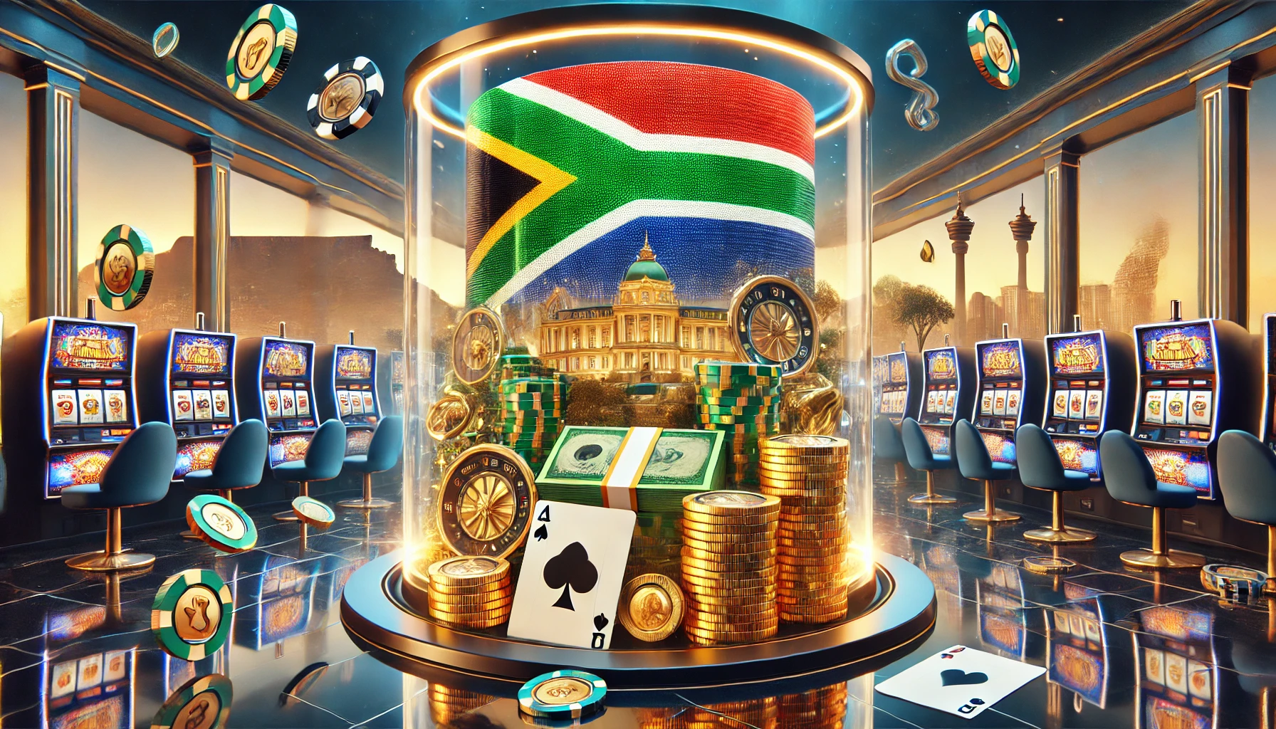 A wide, landscape image representing casino max cashout limits with a South African theme. The scene features a glamorous casino setting with slot machines and a central cylinder with a South African Flag above a casino and gold coins and gambling items