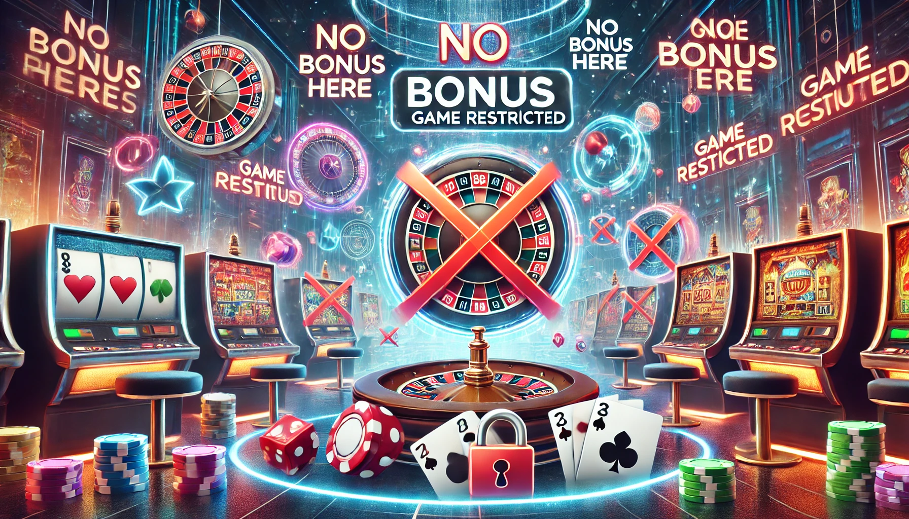 A wide, landscape image representing restricted games regarding bonus limitations in an online casino. The scene features a casino environment with various casino games, some crossed out with a red X and the title "No Bonus - Restricted Game"