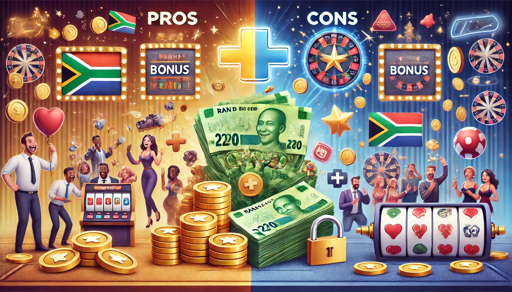 An image representing the pros and cons of Rand casino bonuses. The scene is divided into two sides_ one side showing the 'pros' while the other side shows the cons