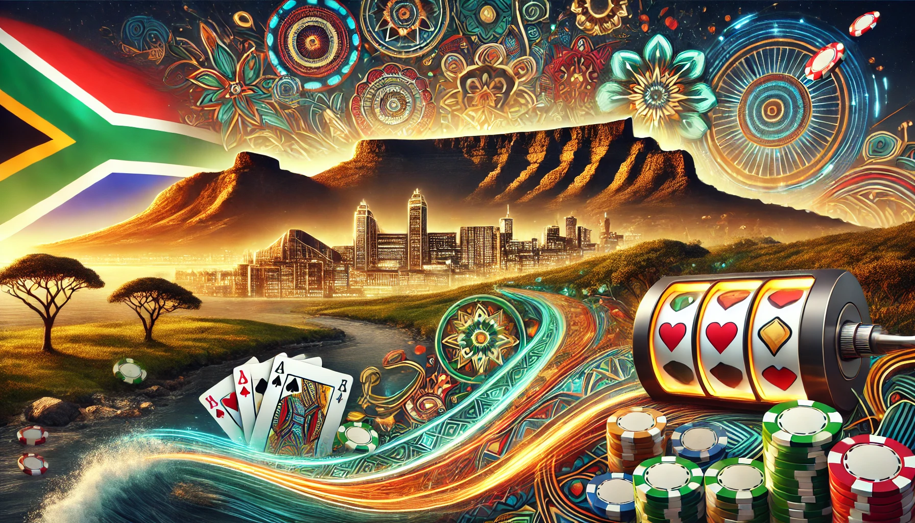South African Online Casino Bonuses Landscape image for an online casino-themed webpage about bonus strategies. The design incorporates South African elements and casino elements