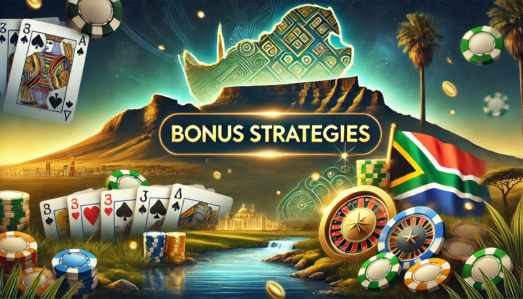 A visually captivating landscape image about bonus strategies, prominently displaying the text 'Bonus Strategies' in front of Table Mountain and casino related items all around