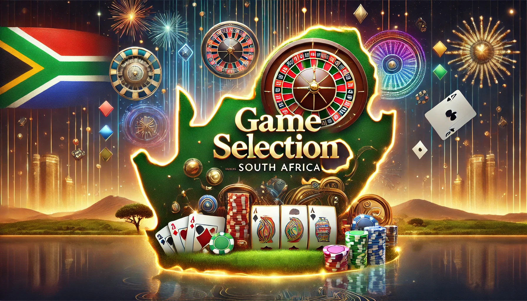 A visually engaging landscape image for game selection, prominently displaying the text 'Game Selection' in gold, hovering over South Africa, with casino items all around