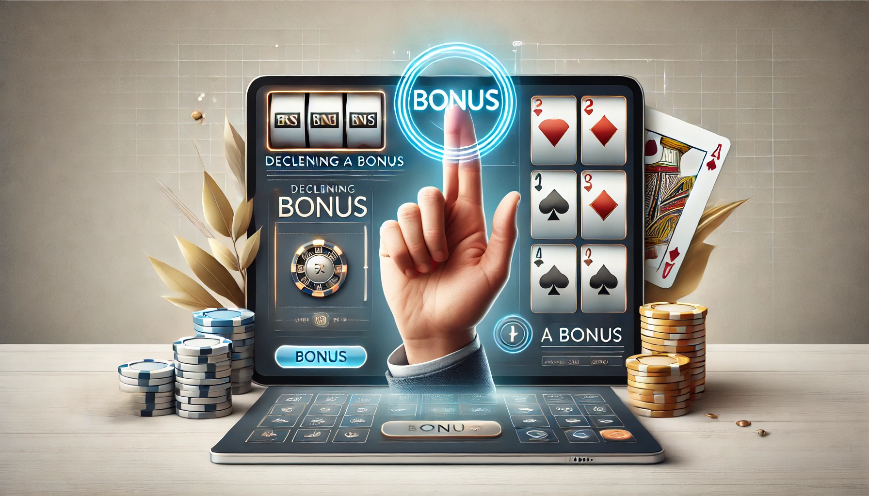 illustration themed around the concept of 'Declining a Bonus.' The design features a hand in the shape of a gun pointing at a bonus with the words on a laptop screen saying "Declining a Bonus"