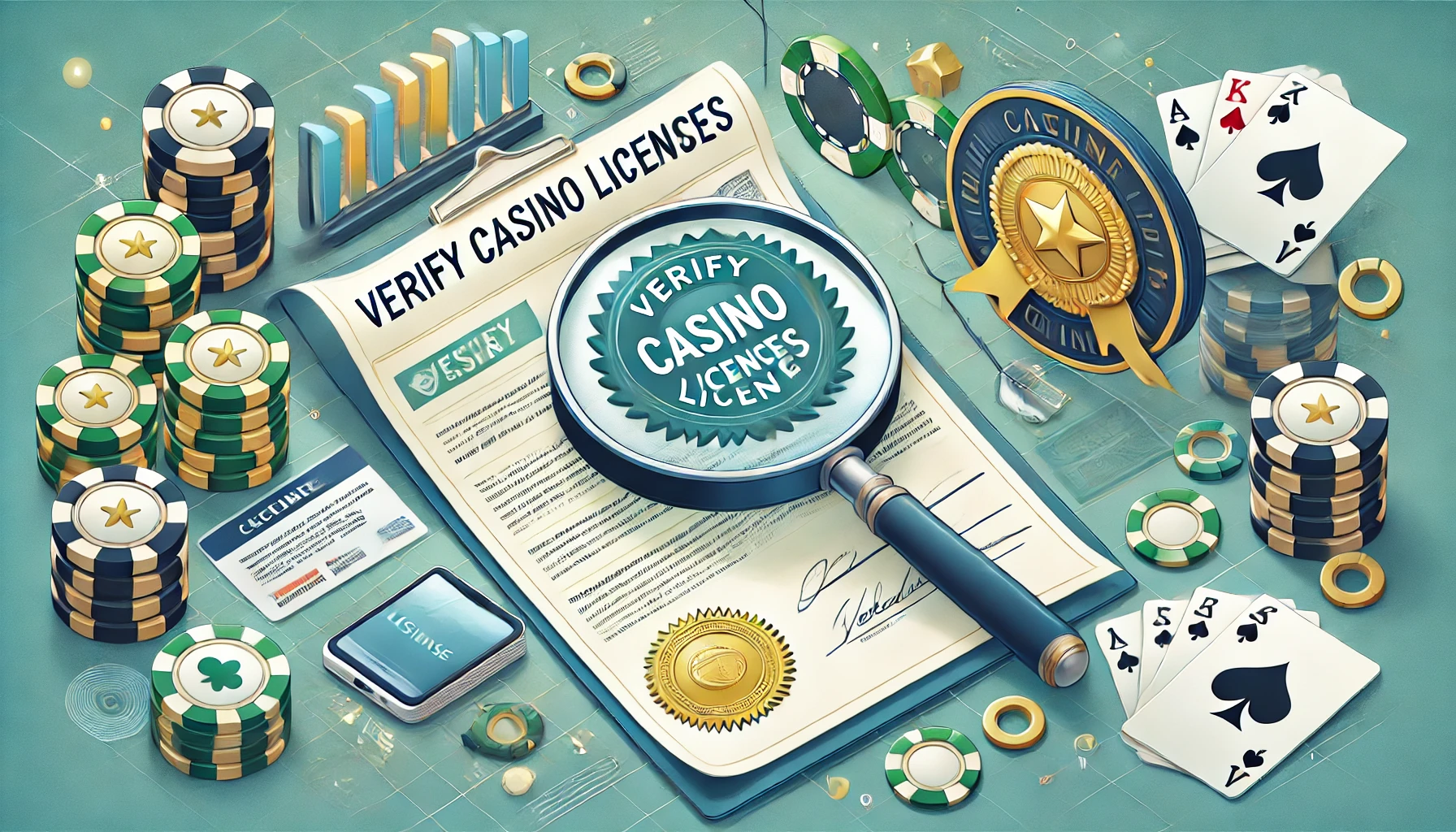 A professional illustration themed around the concept of 'Verify Casino Licenses.' The design features a clipboard with a casino license and a magnifying glass, surrounded by casino items